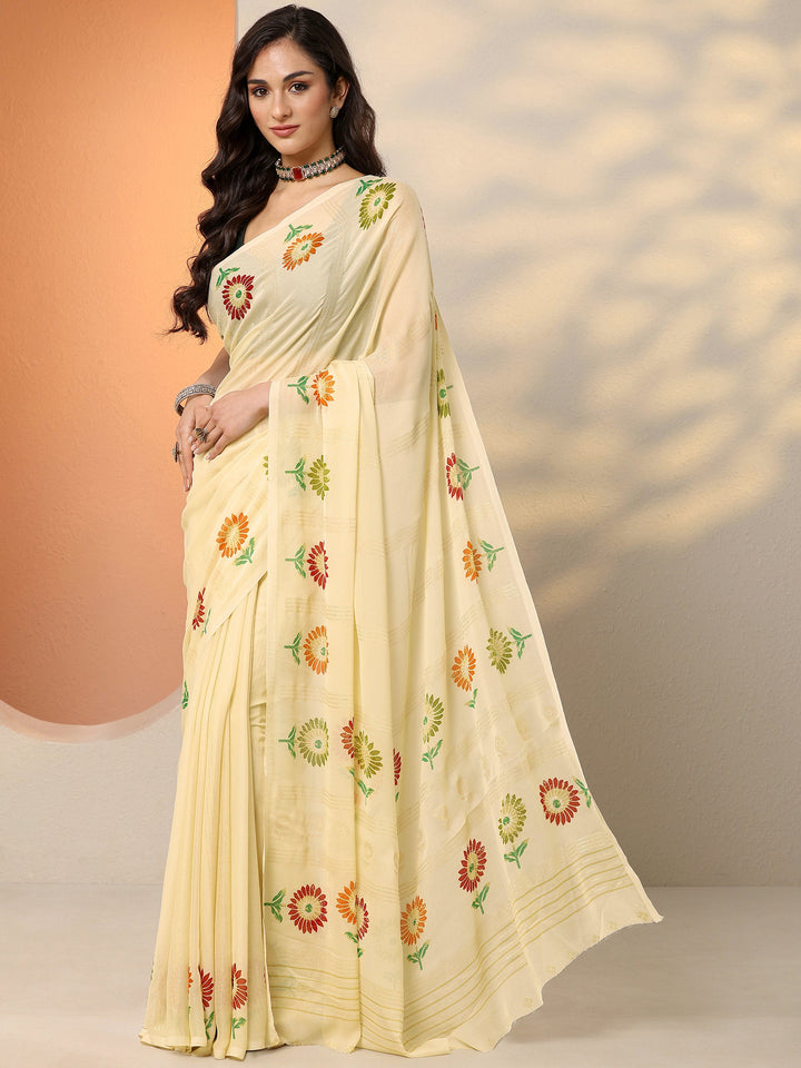 Beige Printed Georgette Saree With Unstitched Blouse Piece