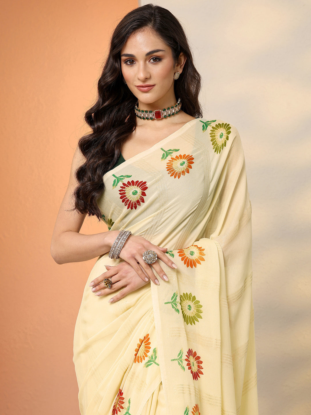 Beige Printed Georgette Saree With Unstitched Blouse Piece