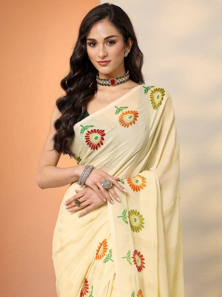 Beige Printed Georgette Saree With Unstitched Blouse Piece