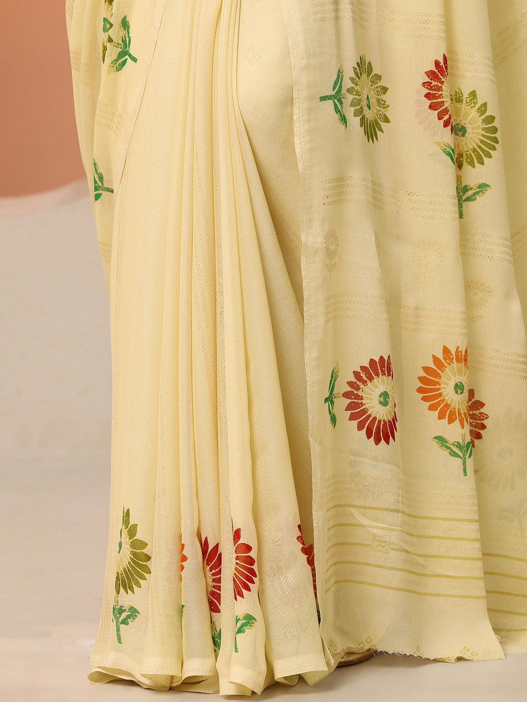 Beige Printed Georgette Saree With Unstitched Blouse Piece