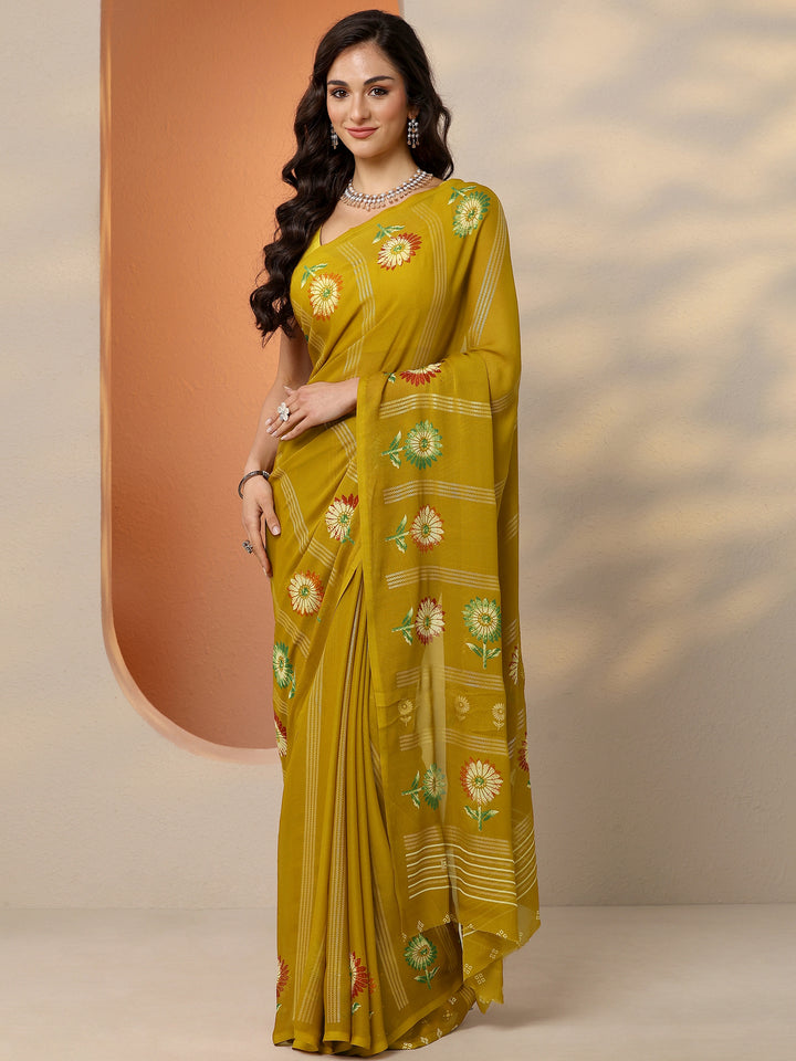 Mustard Printed Georgette Saree With Unstitched Blouse Piece
