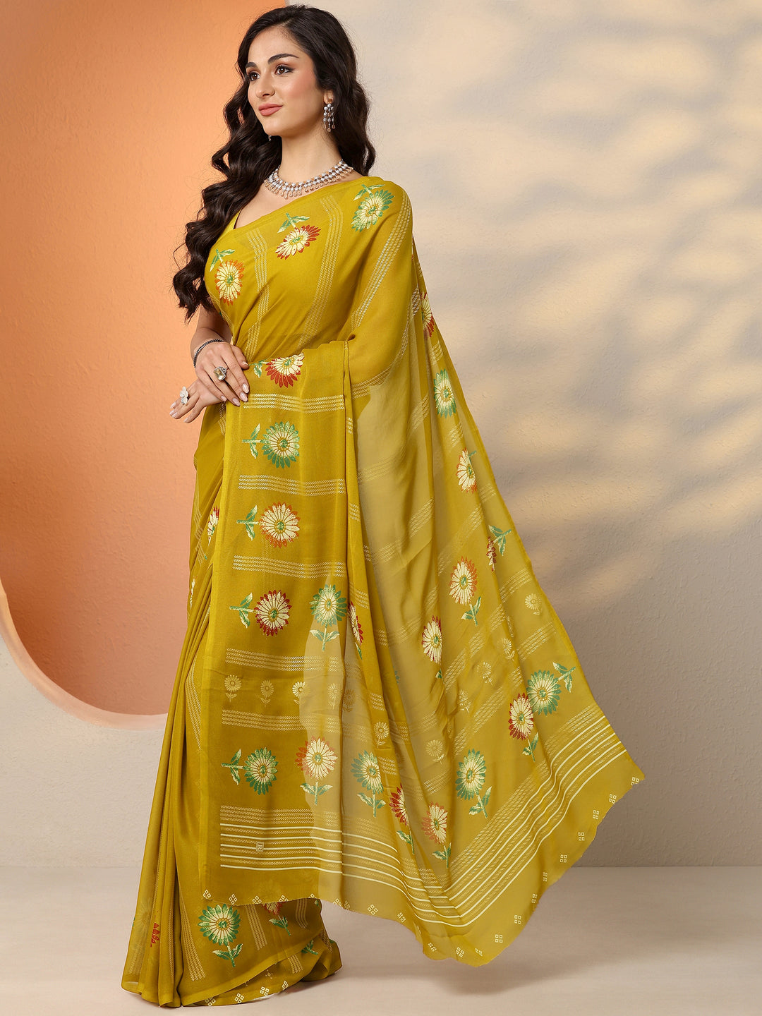 Mustard Printed Georgette Saree With Unstitched Blouse Piece