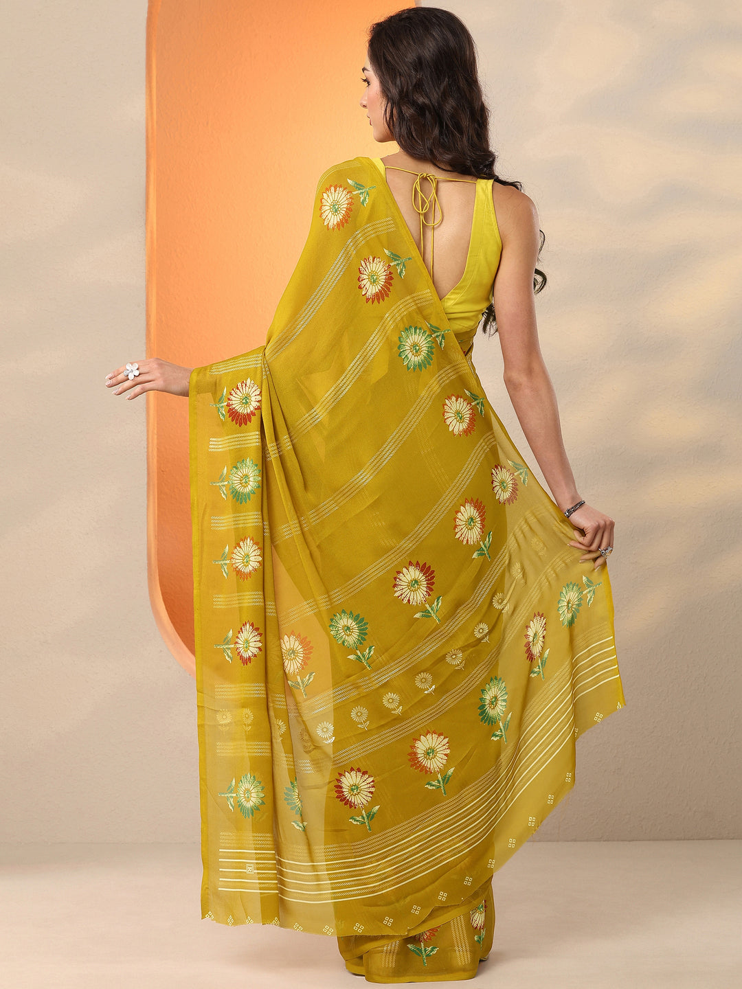 Mustard Printed Georgette Saree With Unstitched Blouse Piece