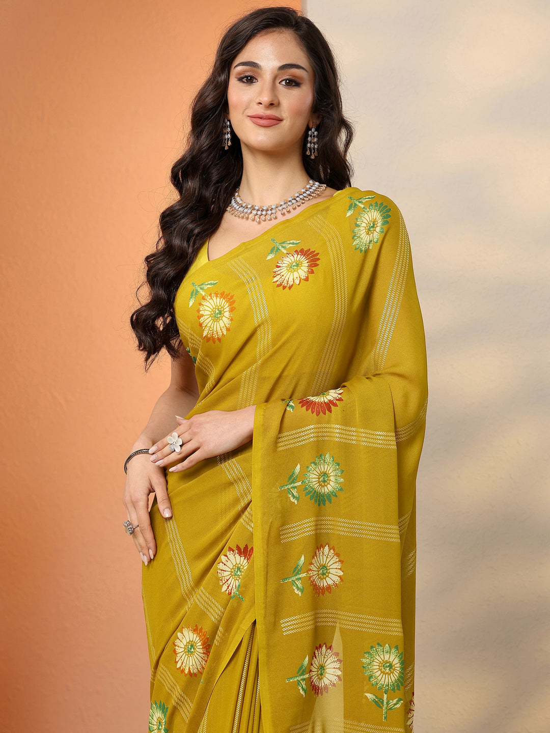 Mustard Printed Georgette Saree With Unstitched Blouse Piece