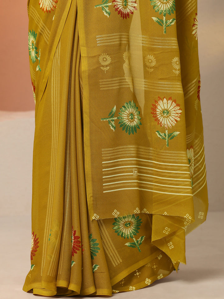 Mustard Printed Georgette Saree With Unstitched Blouse Piece