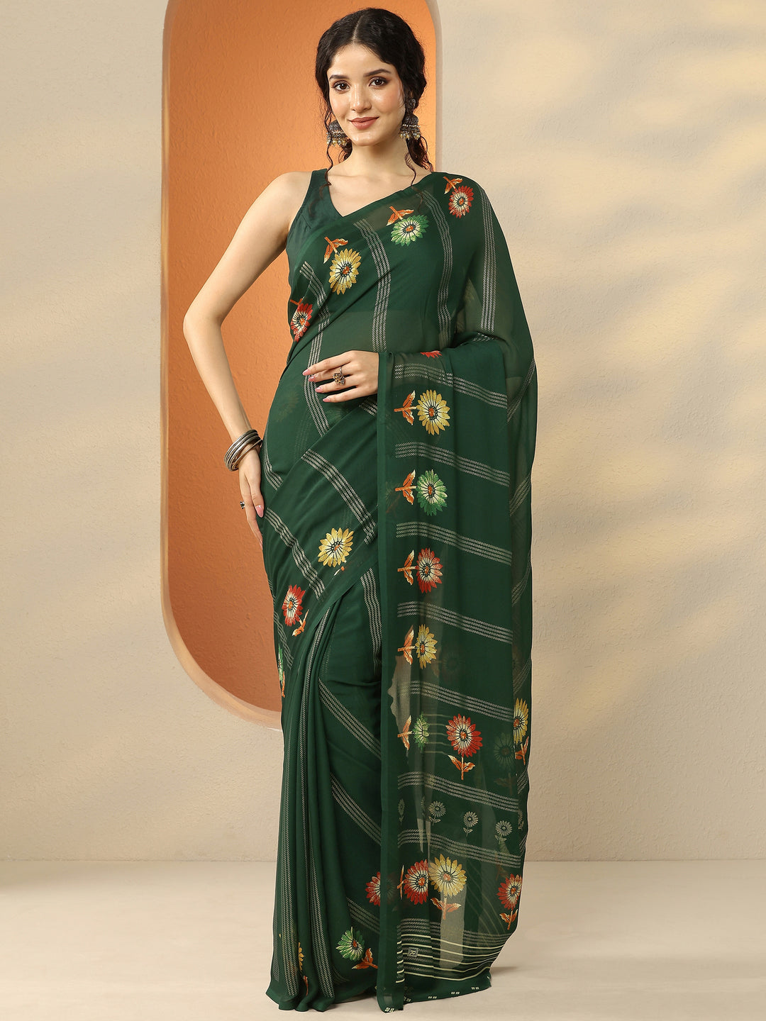 Green Printed Georgette Saree With Unstitched Blouse Piece