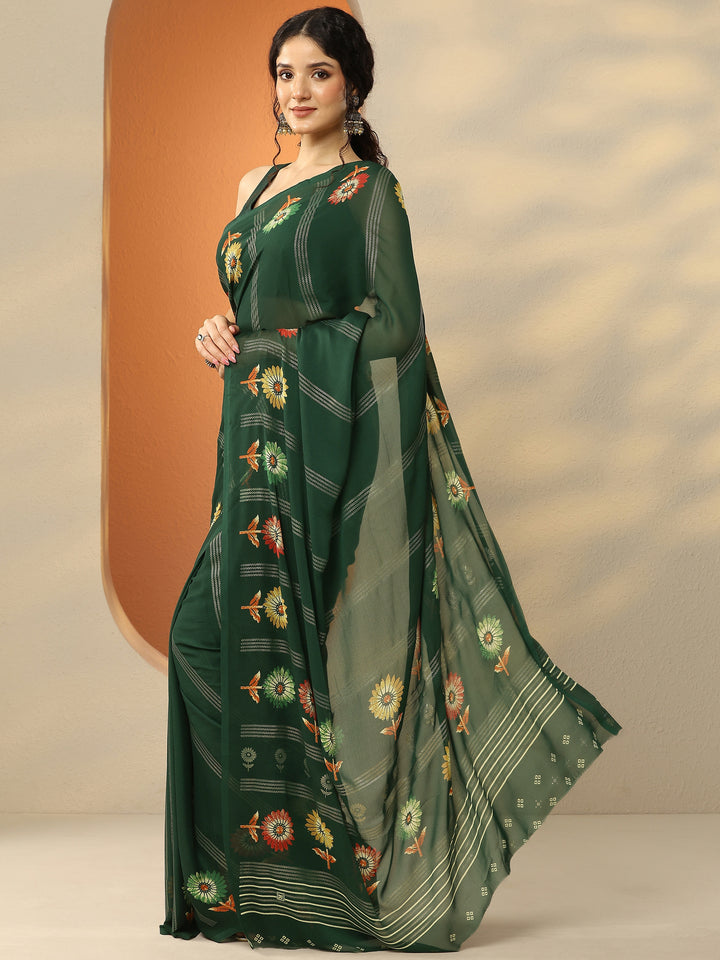 Green Printed Georgette Saree With Unstitched Blouse Piece