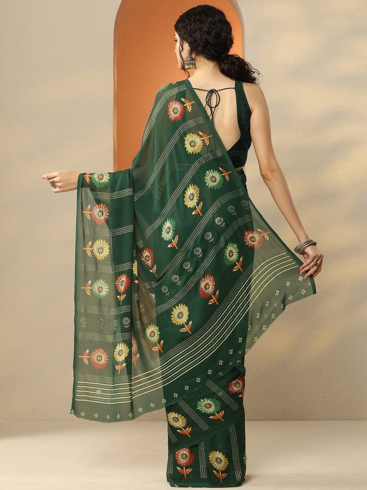 Green Printed Georgette Saree With Unstitched Blouse Piece