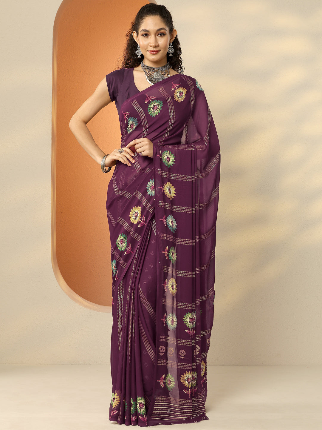 Burgundy Printed Georgette Saree With Unstitched Blouse Piece