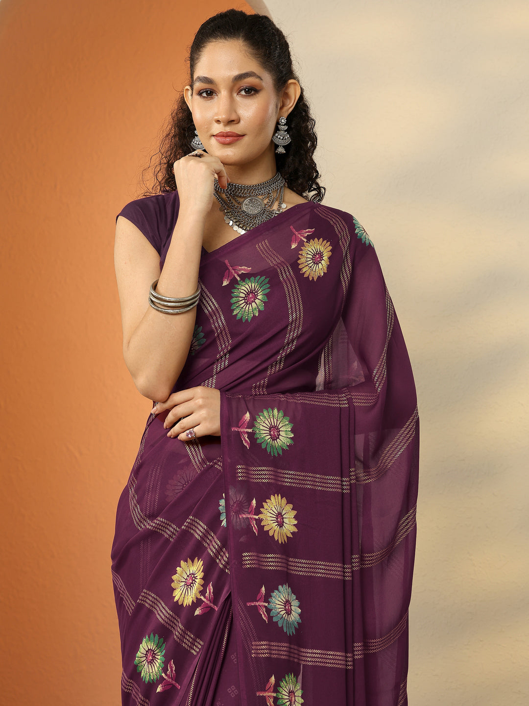 Burgundy Printed Georgette Saree With Unstitched Blouse Piece