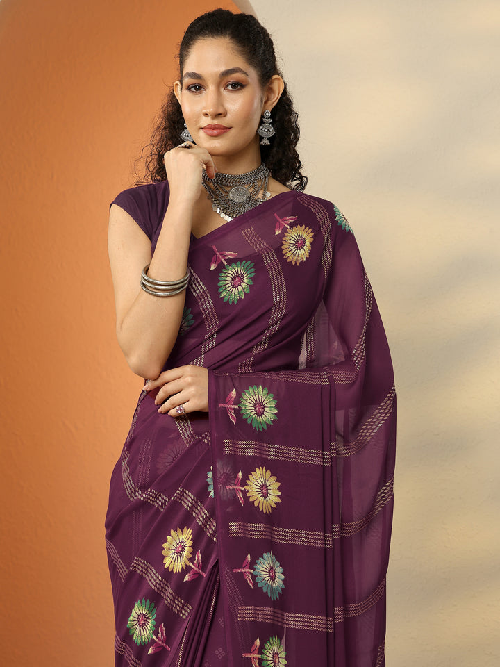 Burgundy Printed Georgette Saree With Unstitched Blouse Piece