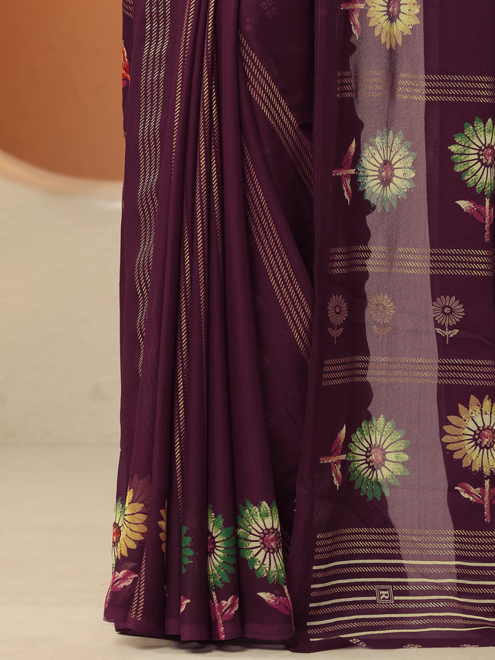 Burgundy Printed Georgette Saree With Unstitched Blouse Piece