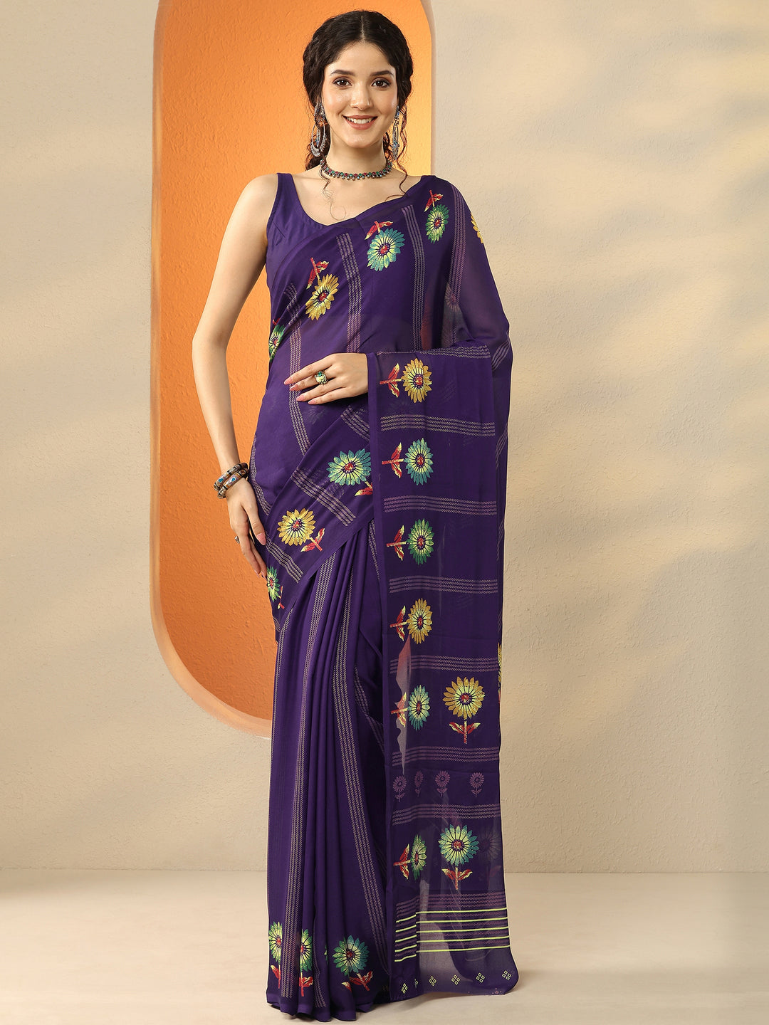 Purple Printed Georgette Saree With Unstitched Blouse Piece