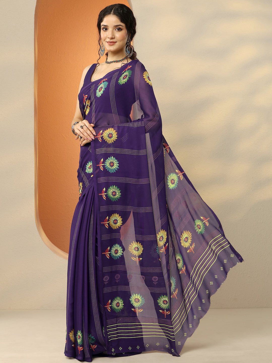 Purple Printed Georgette Saree With Unstitched Blouse Piece