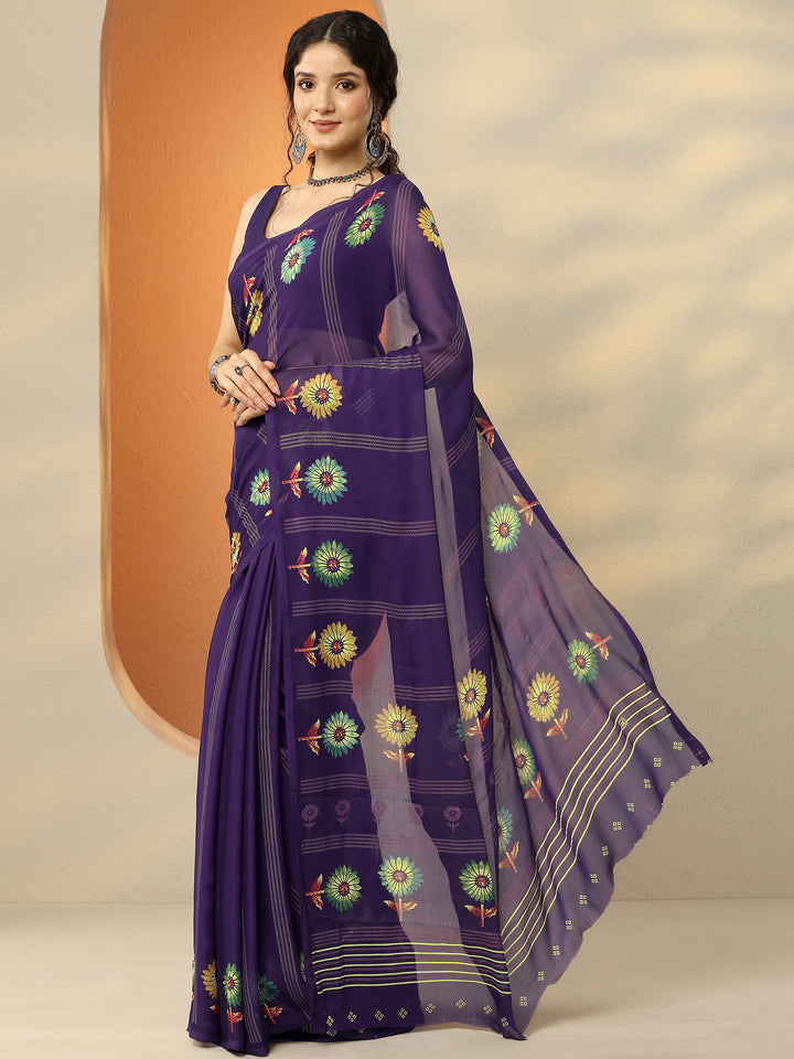 Purple Printed Georgette Saree With Unstitched Blouse Piece