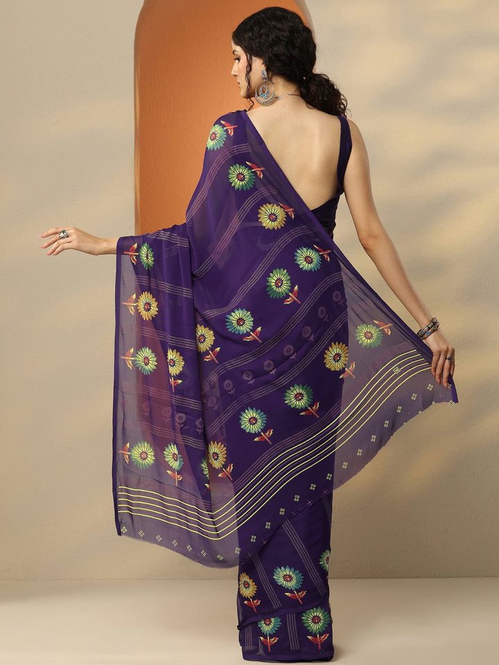 Purple Printed Georgette Saree With Unstitched Blouse Piece