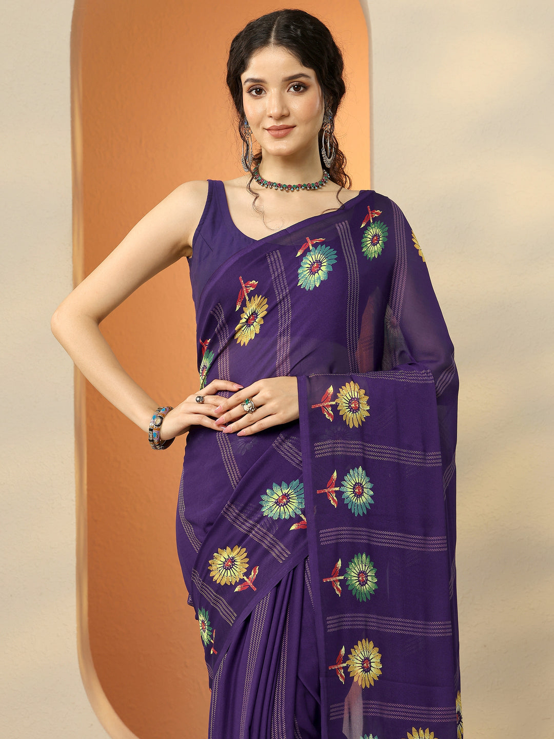 Purple Printed Georgette Saree With Unstitched Blouse Piece
