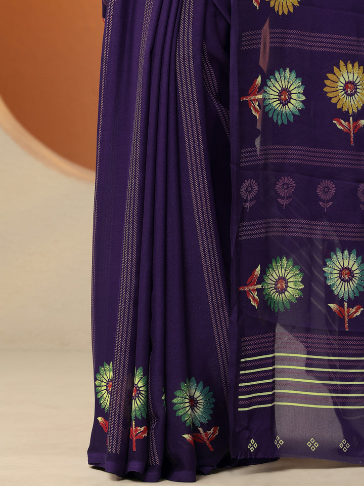 Purple Printed Georgette Saree With Unstitched Blouse Piece