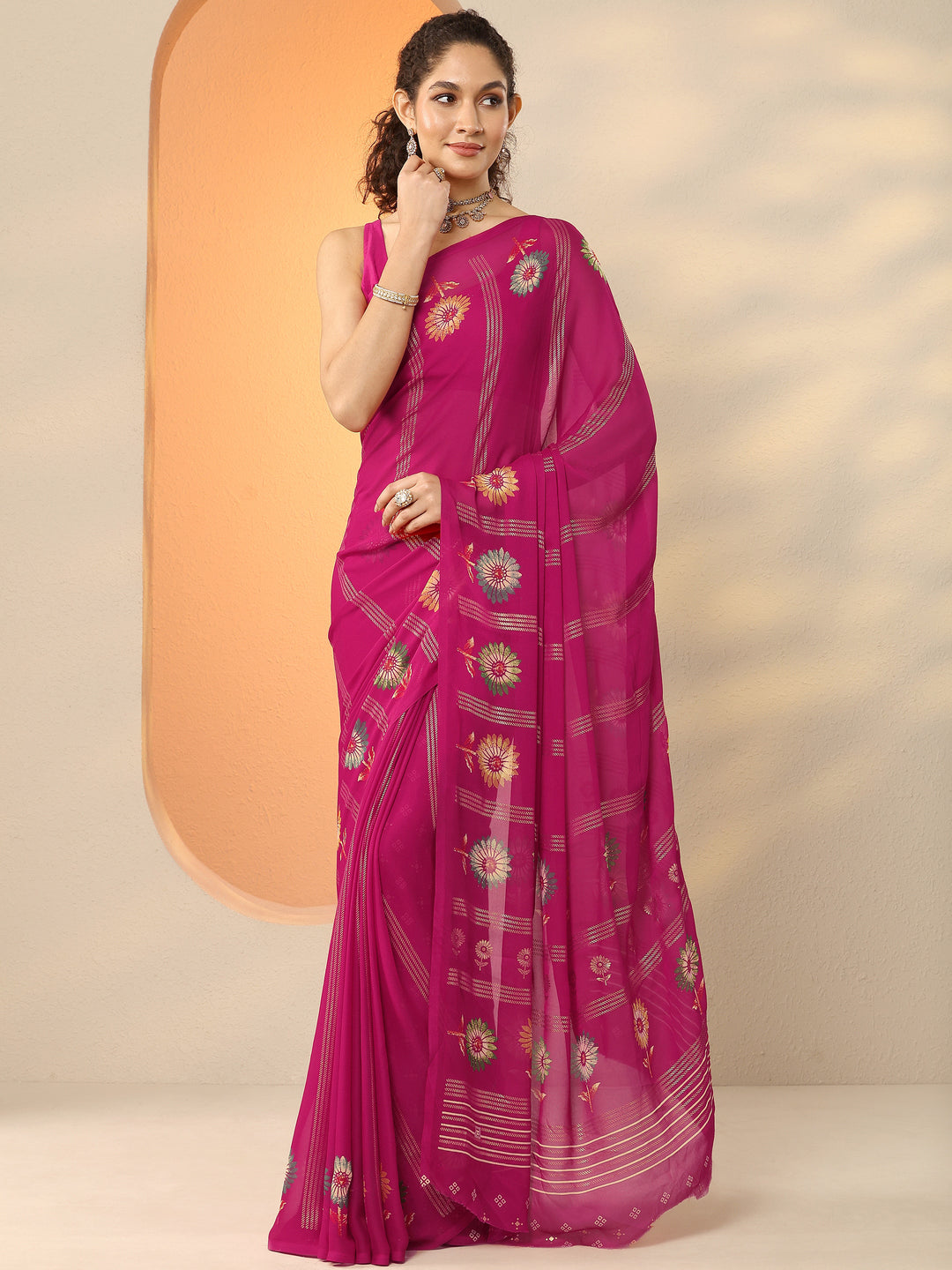 Pink Printed Georgette Saree With Unstitched Blouse Piece
