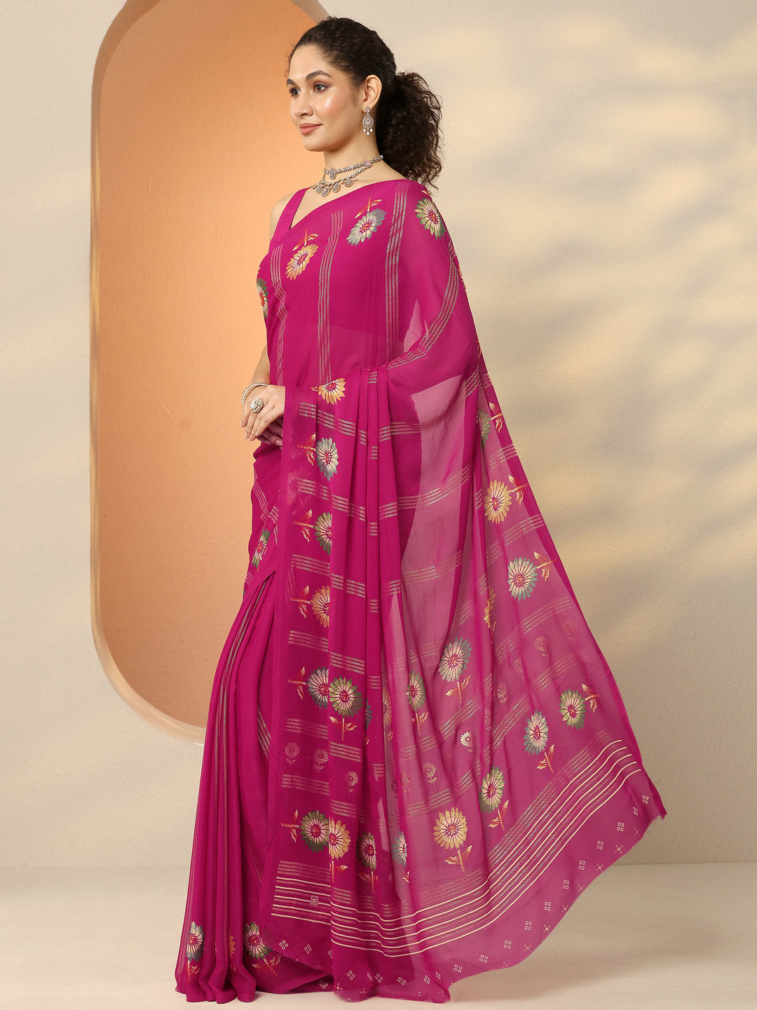 Pink Printed Georgette Saree With Unstitched Blouse Piece