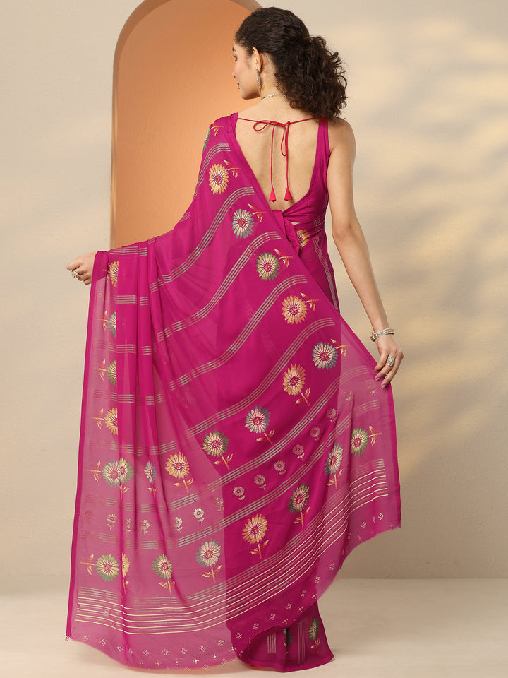 Pink Printed Georgette Saree With Unstitched Blouse Piece