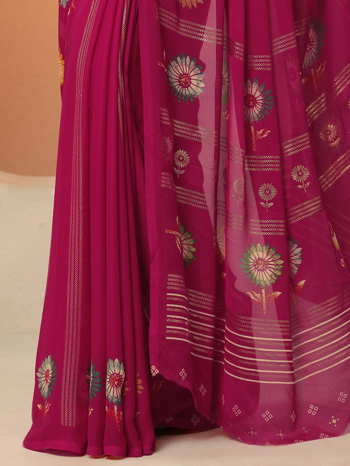 Pink Printed Georgette Saree With Unstitched Blouse Piece