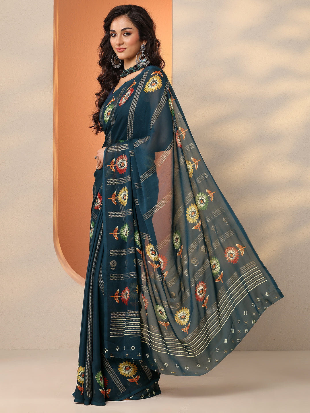 Teal Printed Georgette Saree With Unstitched Blouse Piece