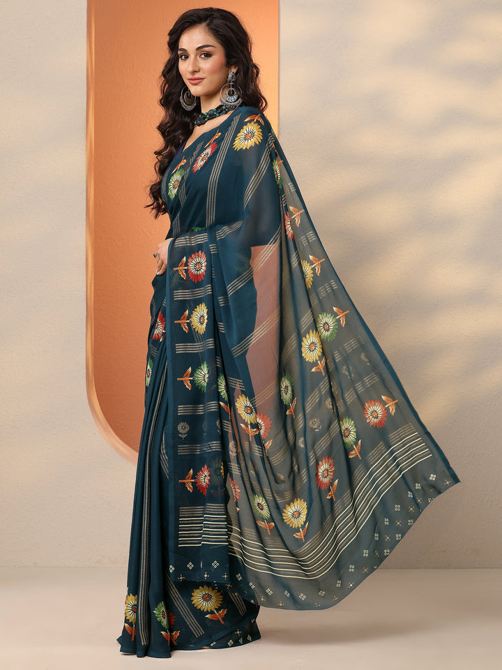 Teal Printed Georgette Saree With Unstitched Blouse Piece