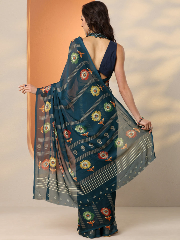 Teal Printed Georgette Saree With Unstitched Blouse Piece