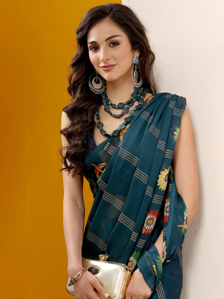 Teal Printed Georgette Saree With Unstitched Blouse Piece