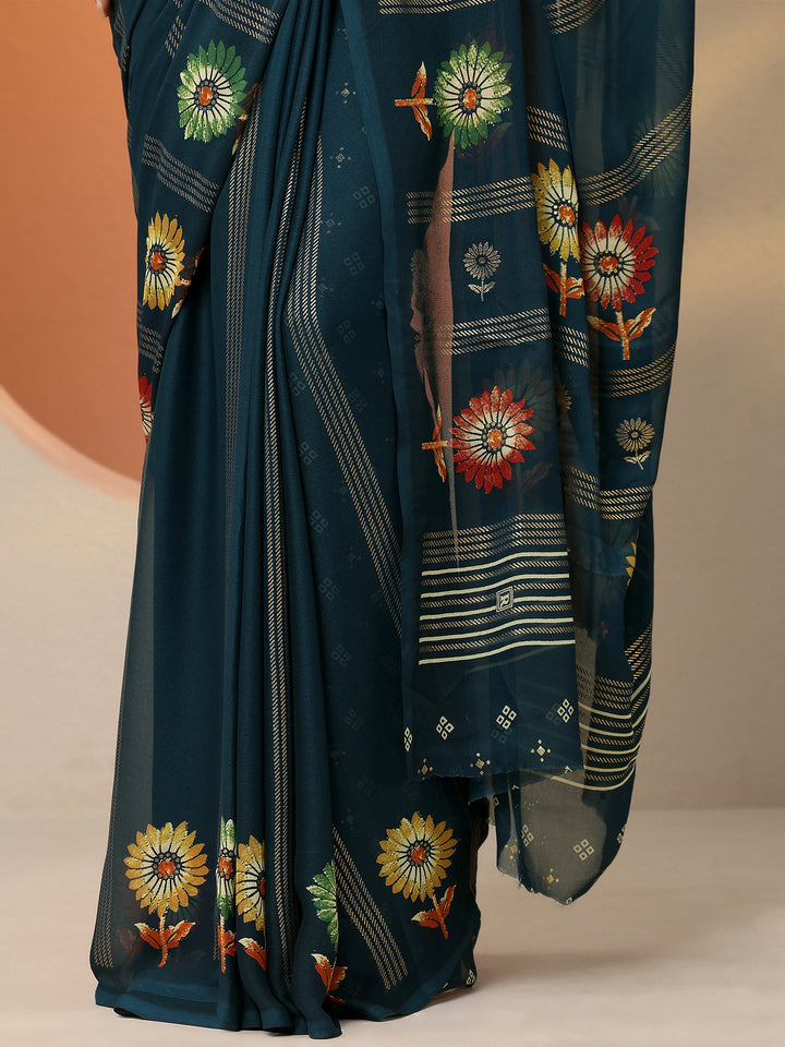 Teal Printed Georgette Saree With Unstitched Blouse Piece