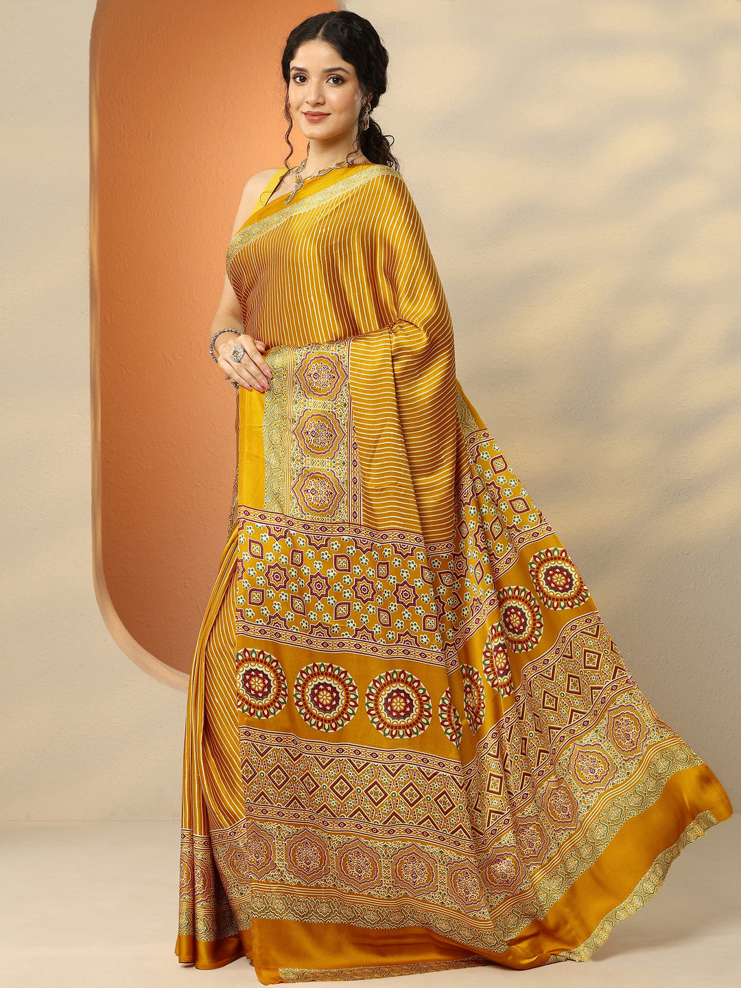 Mustard Printed Satin Saree With Unstitched Blouse Piece