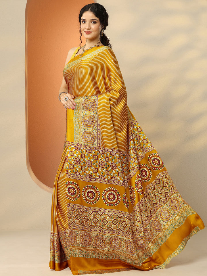 Mustard Printed Satin Saree With Unstitched Blouse Piece