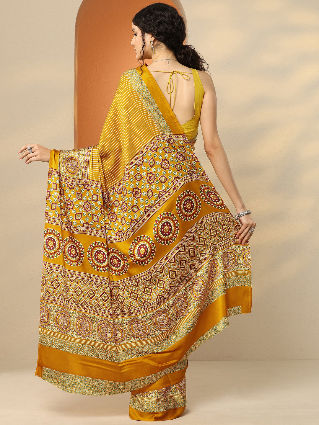 Mustard Printed Satin Saree With Unstitched Blouse Piece