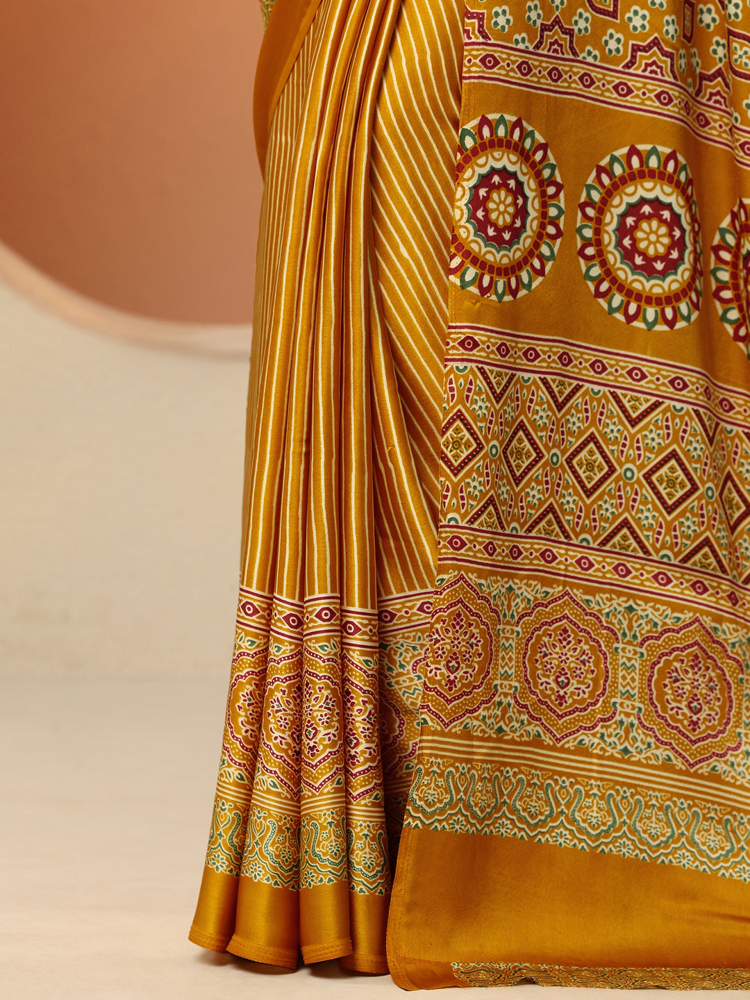 Mustard Printed Satin Saree With Unstitched Blouse Piece