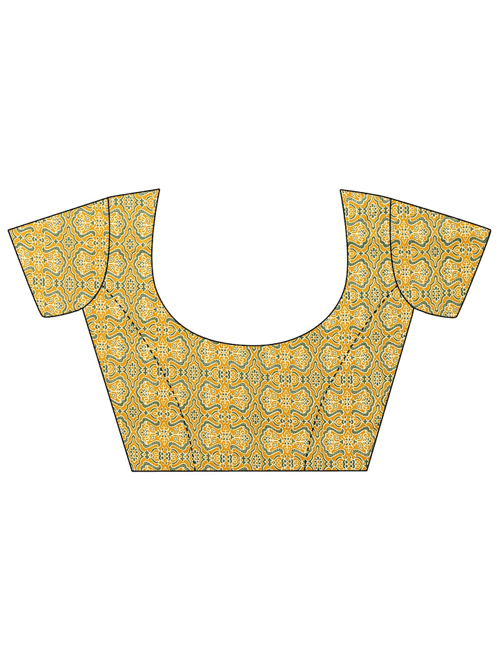 Mustard Printed Satin Saree With Unstitched Blouse Piece