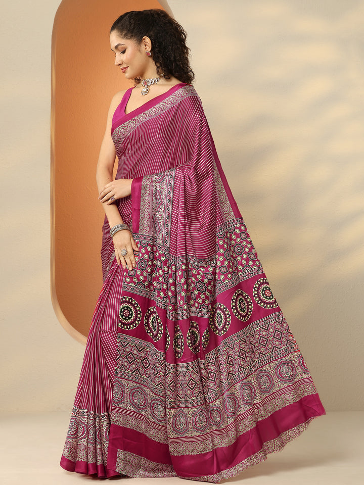 Pink Printed Satin Saree With Unstitched Blouse Piece