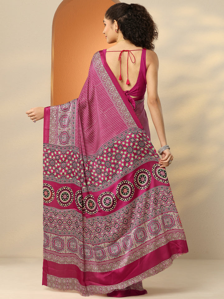 Pink Printed Satin Saree With Unstitched Blouse Piece