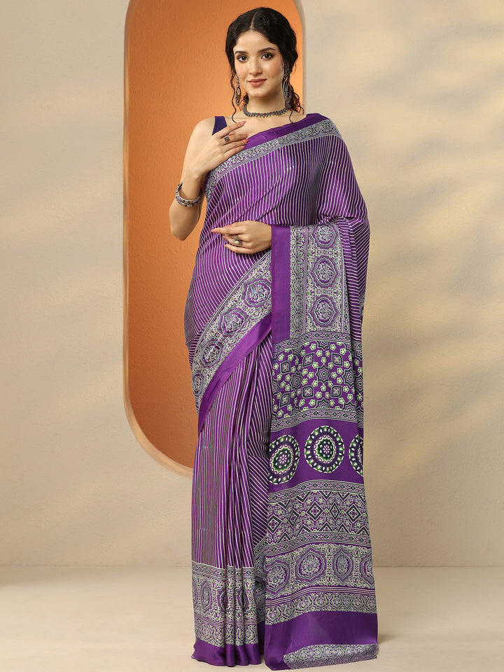 Purple Printed Satin Saree With Unstitched Blouse Piece
