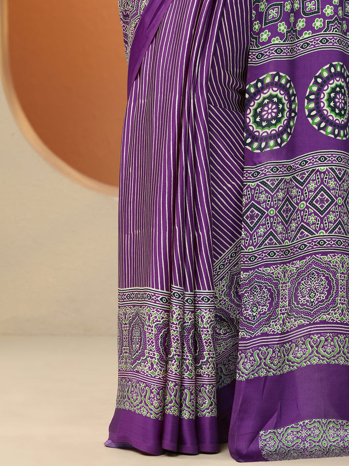 Purple Printed Satin Saree With Unstitched Blouse Piece