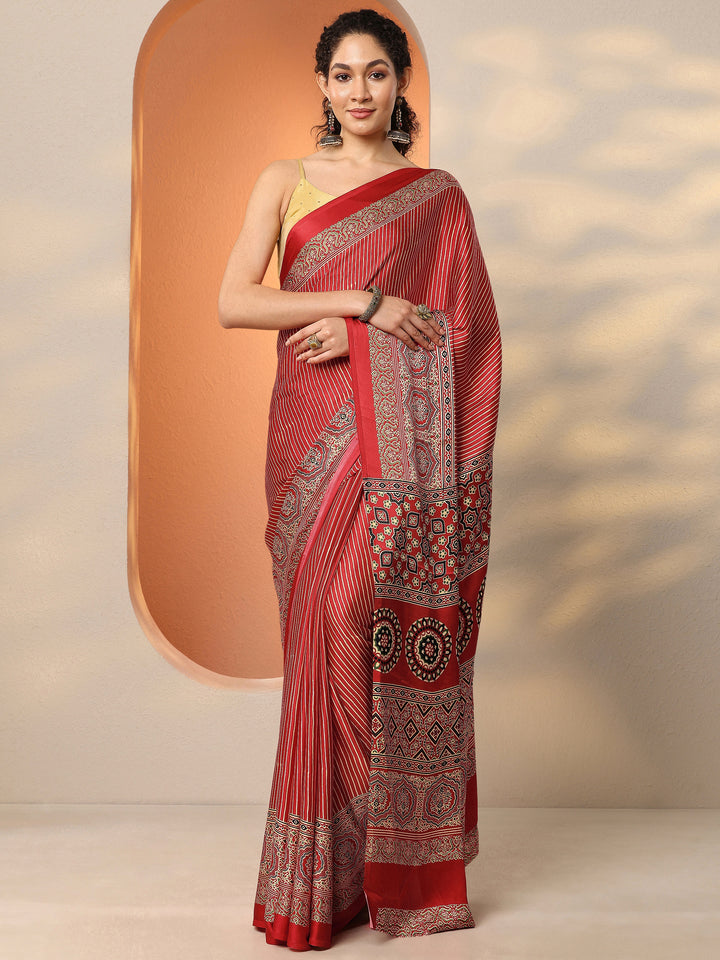 Red Printed Satin Saree With Unstitched Blouse Piece