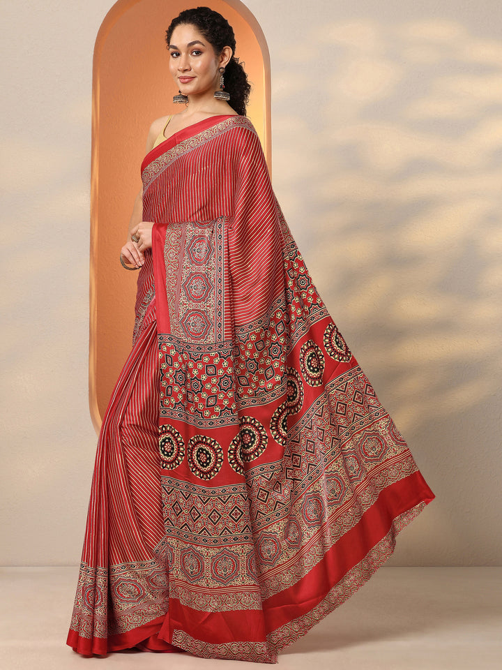 Red Printed Satin Saree With Unstitched Blouse Piece