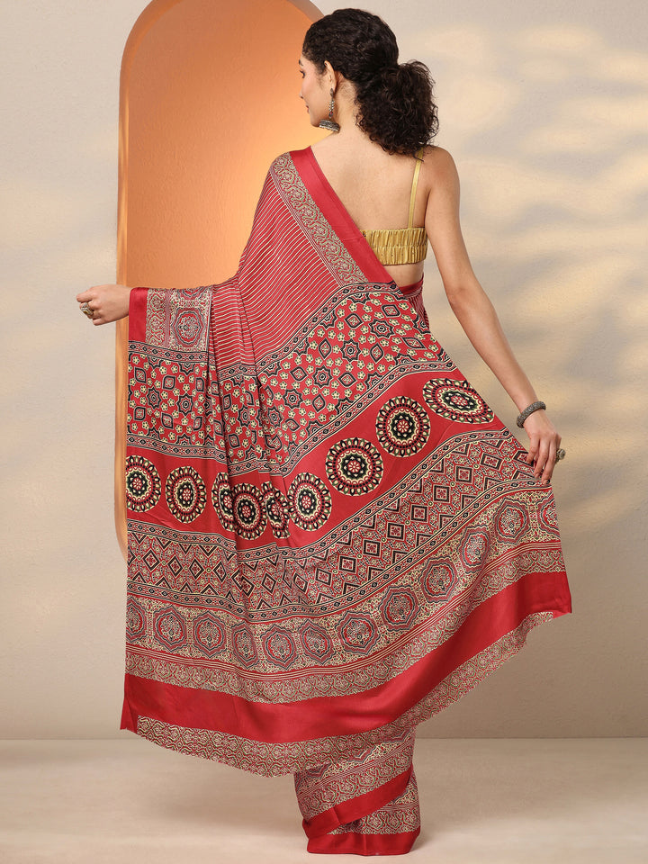 Red Printed Satin Saree With Unstitched Blouse Piece