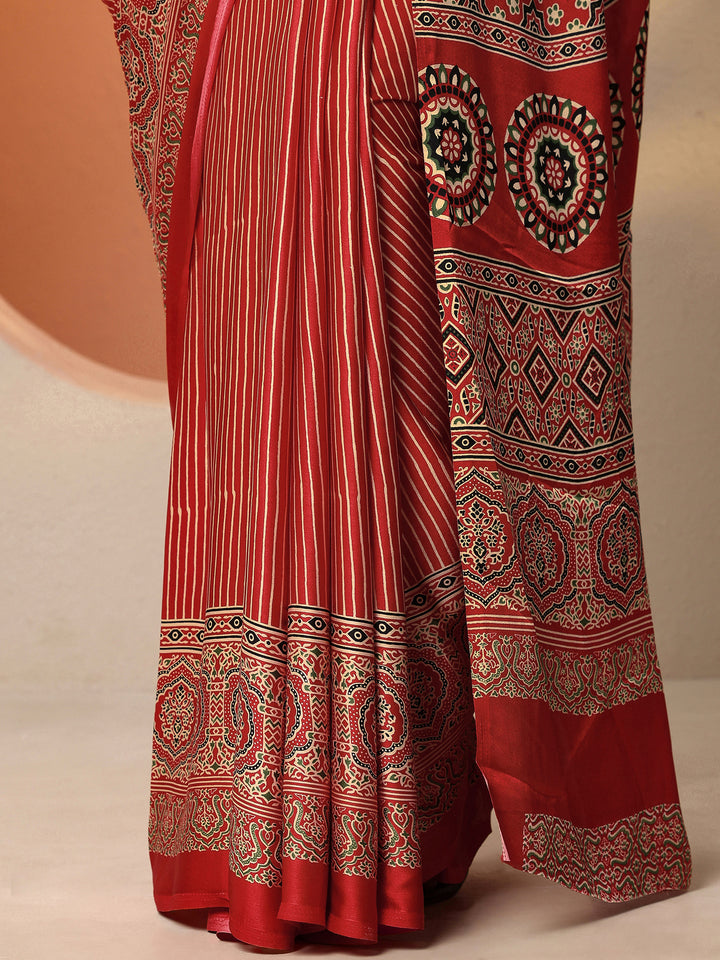 Red Printed Satin Saree With Unstitched Blouse Piece