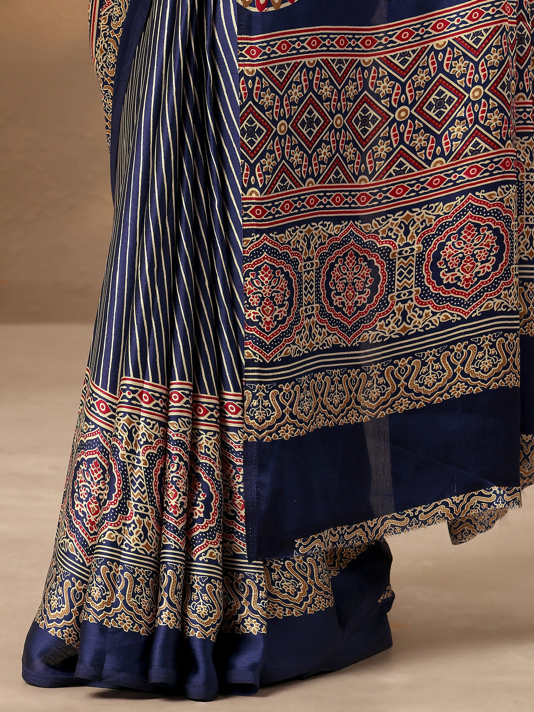 Blue Striped Printed Satin Saree With Unstitched Blouse Piece
