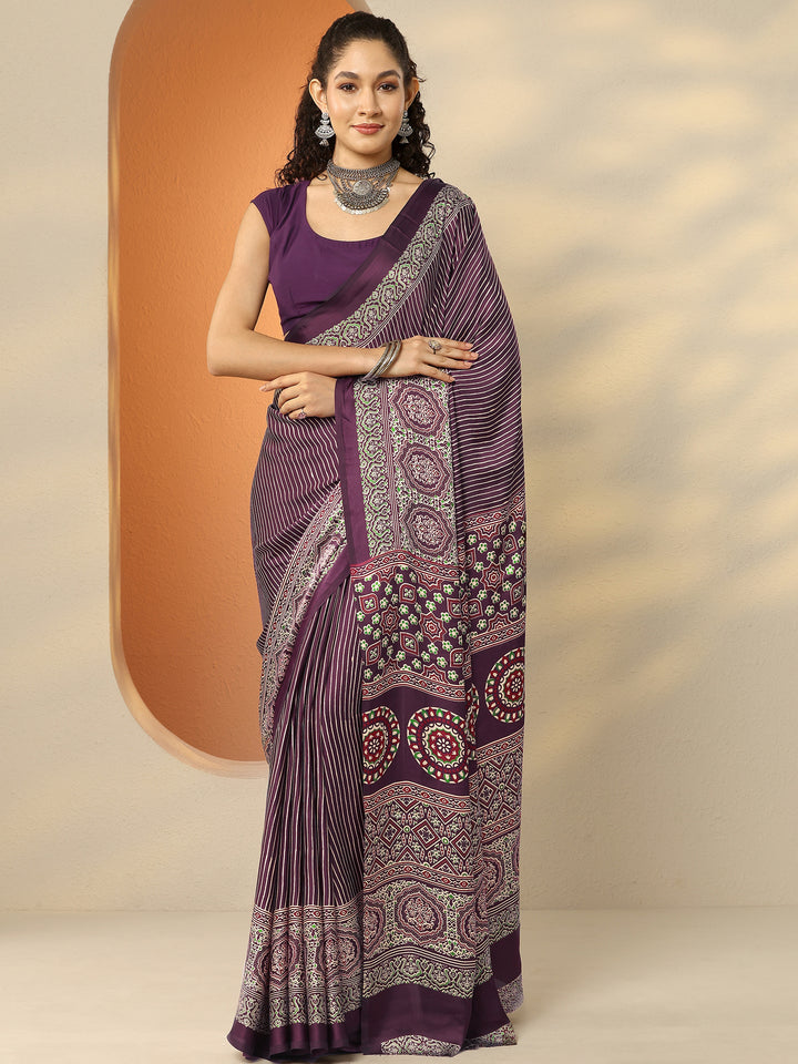 Burgundy Printed Satin Saree With Unstitched Blouse Piece