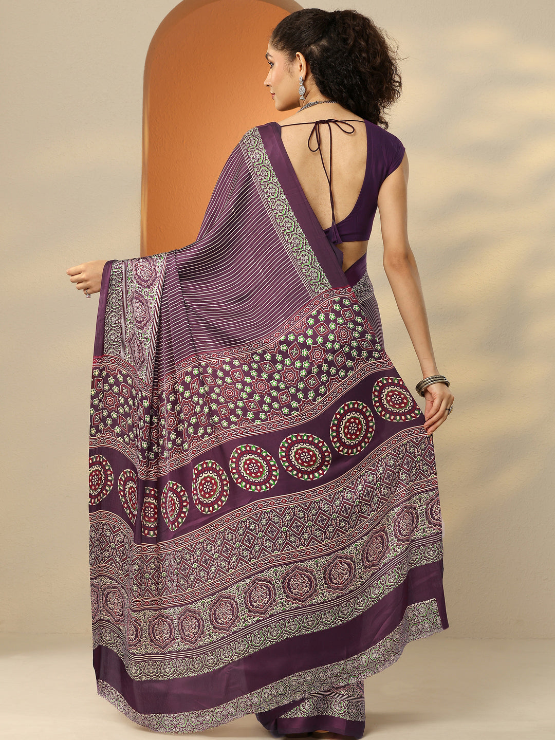 Burgundy Printed Satin Saree With Unstitched Blouse Piece