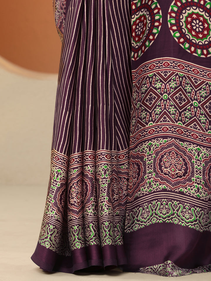 Burgundy Printed Satin Saree With Unstitched Blouse Piece