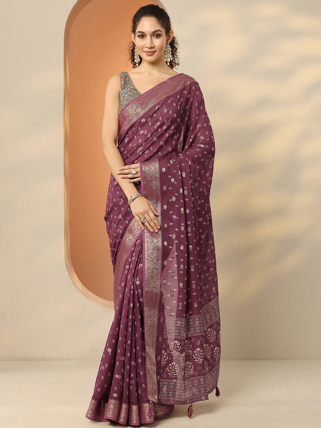 Brown Woven Design Georgette Saree With Unstitched Blouse Piece