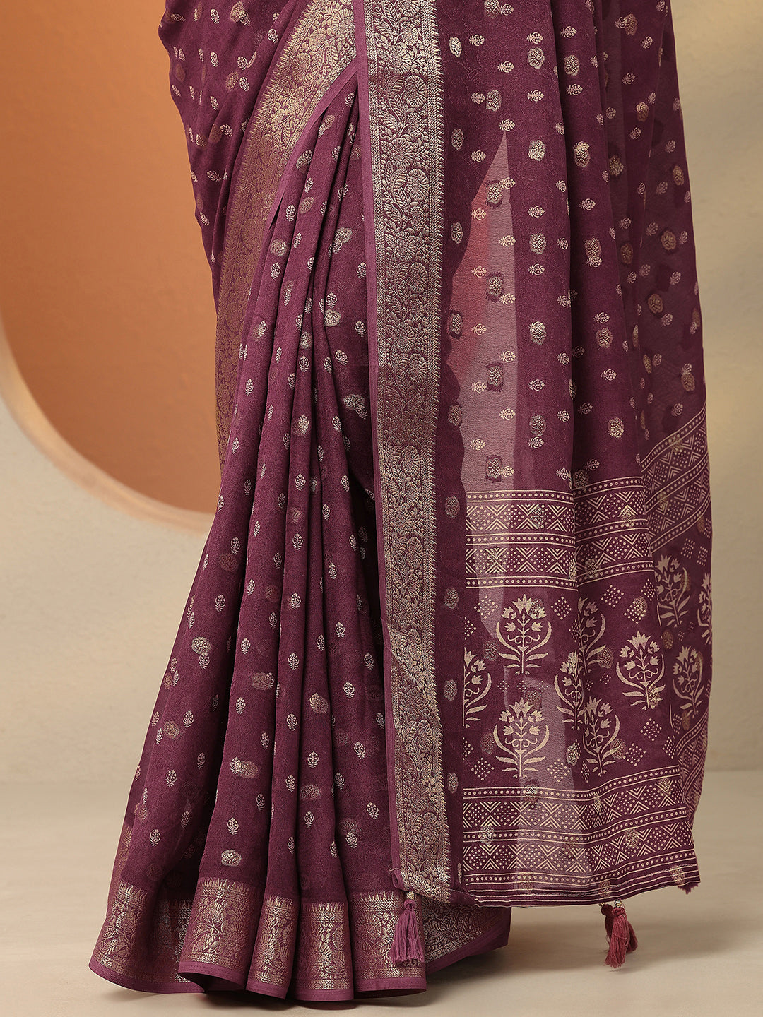Brown Woven Design Georgette Saree With Unstitched Blouse Piece
